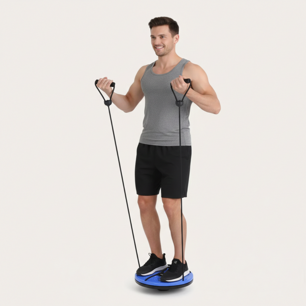 Man using a balance board with resistance bands on a light gray background