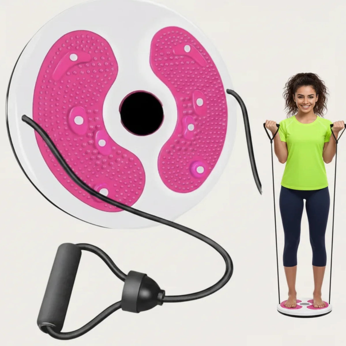 Pink and white exercise disc with black resistance band and woman using resistance bands on a white background