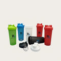 Set of colorful shaker bottles with 'Blue Ocean' branding on a light gray background