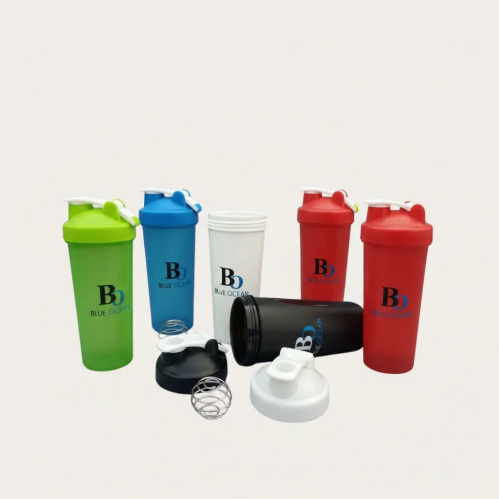Set of colorful shaker bottles with 'Blue Ocean' branding on a light gray background