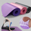 Rolls of purple, pink, and gray yoga mats with a woman practicing yoga and close-up of mat texture.