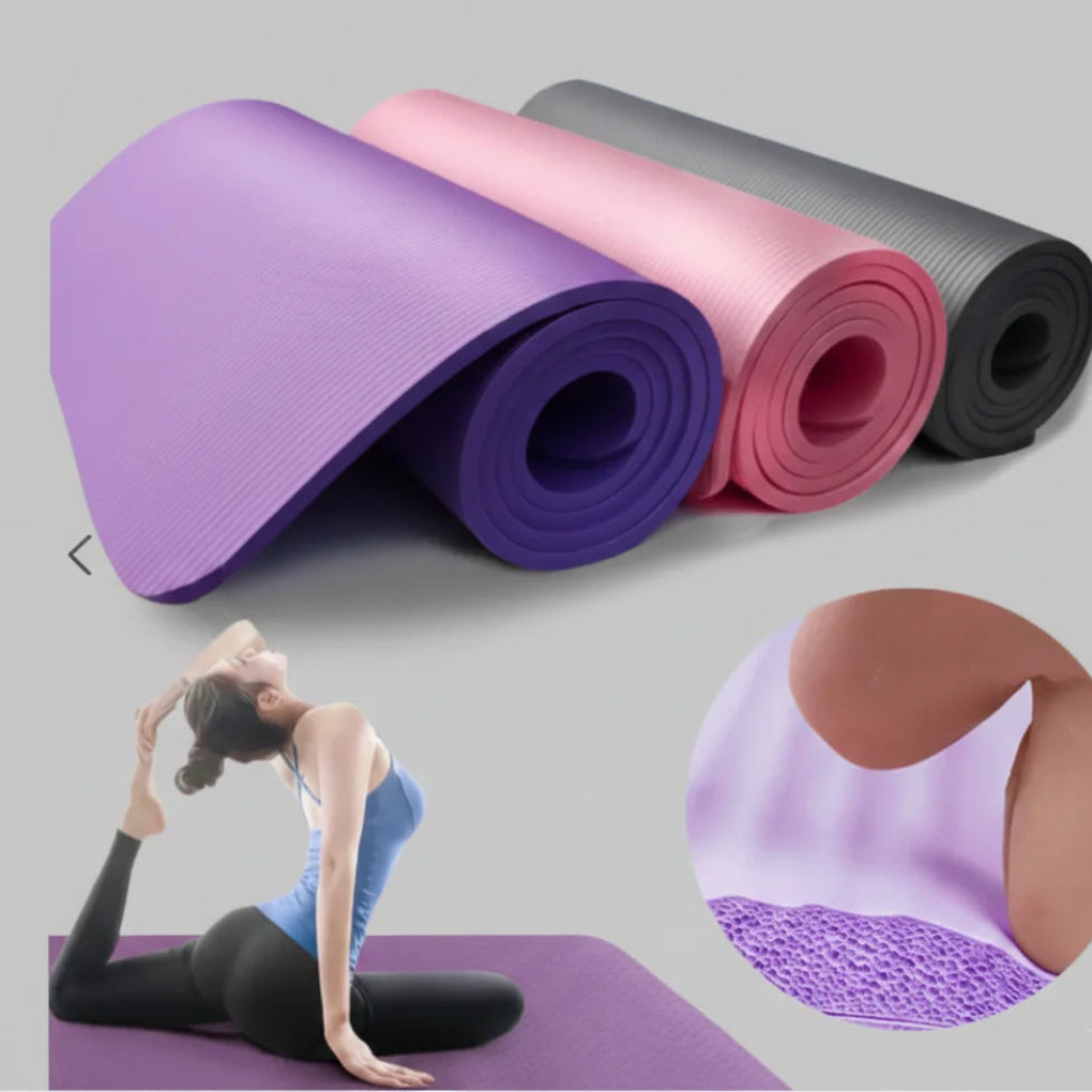 Rolls of purple, pink, and gray yoga mats with a woman practicing yoga and close-up of mat texture.